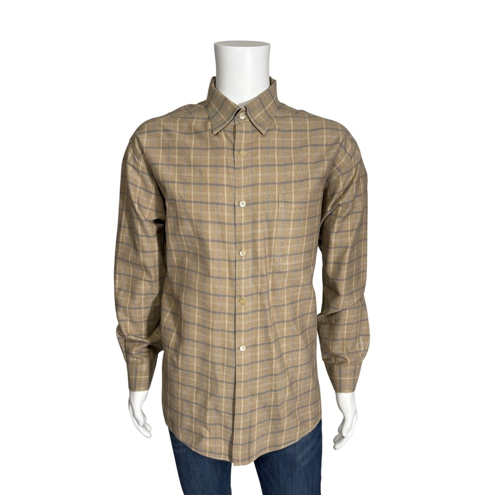 Talbots Mens Vintage Tan‎ Blue Windowpane Plaid Cotton Button Down Shirt XL